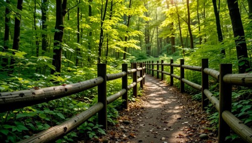 A serene forest path winds through lush greenery, framed by a wooden fence, with sunlight filtering