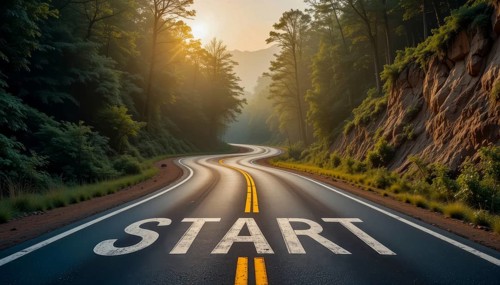 A winding road through a lush forest leads to the word start, perfect for motivational or beginning