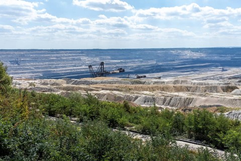 Panorama of Hambach open-cast mine with large excavator near Manheim, North Rhine-Westphalia,