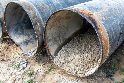 Cut open pipes with concrete residue, Manheim, North Rhine-Westphalia, Germany