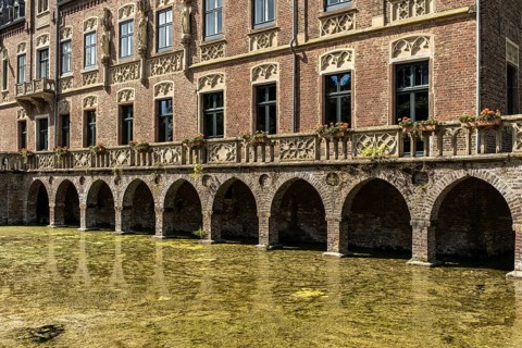 Paffendorf Castle with arcades on the moat, Paffendorf, North Rhine-Westphalia, Germany