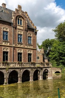 Castle façade with arcades and moat, Paffendorf, North Rhine-Westphalia, Germany