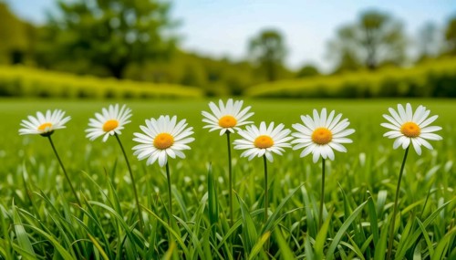 A beautiful shot of several daisies in a field of green grass, set against a backdrop of a soft,