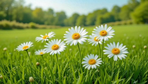 A vibrant field of daisies basks in the sunlight, creating a beautiful and serene scene of nature
