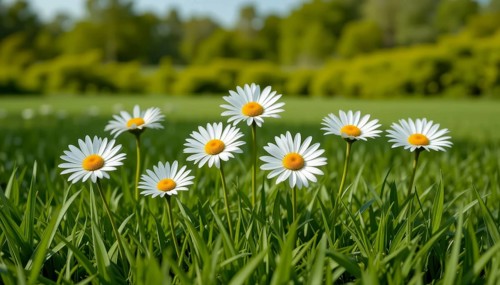 Close-up shot of daisies in a field of green grass with trees in the background, capturing the