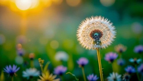 Close-up of a dandelion seed head in a meadow, illuminated by the warm glow of the setting sun,