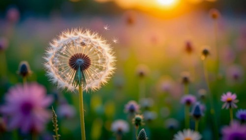 A close-up of a dandelion clock in a field of wildflowers, bathed in golden sunset light,