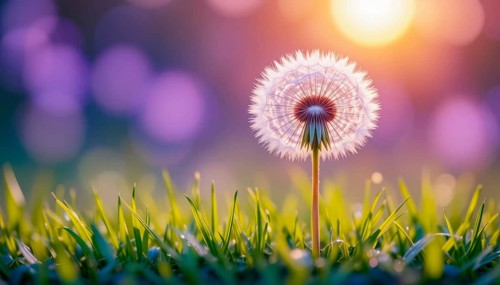A close-up of a dandelion in a field with a blurred background, showcasing sunlight and nature's