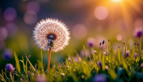 A close-up shot of a dandelion seed head glowing in the sunlight, with soft focus on the