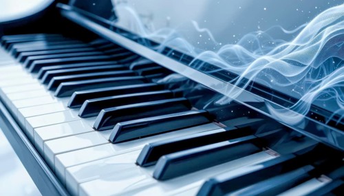 A close-up of a piano keyboard with ethereal, glowing energy, creating a sense of musical flow and