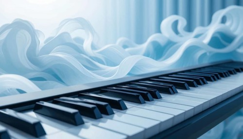 A close-up shot of a piano keyboard with flowing, ethereal blue fabric in the background. The