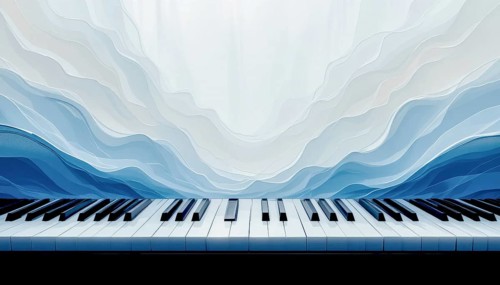 An abstract piano with a stunning blue and white wavy background. The keyboard is in sharp focus,