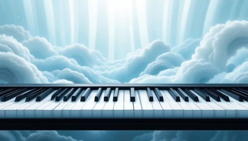 A piano keyboard floats amidst a dreamy cloudscape, evoking a sense of music and serenity, AI