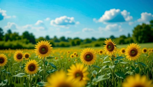 A vibrant field of sunflowers basks in the summer sun, with a clear blue sky dotted with fluffy