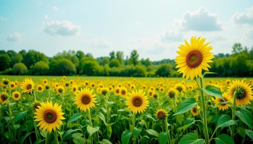 A vibrant field of sunflowers basks in the sun, their yellow faces turned towards the light. Lush