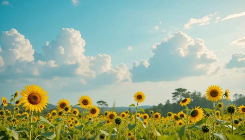 A vibrant field of sunflowers basks in the sunlight, with fluffy clouds dotting a clear blue sky,