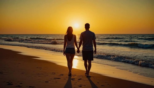 A romantic couple walks hand-in-hand along a sandy beach as the sun sets, creating a beautiful