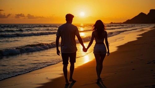 A romantic couple walks hand-in-hand along the beach during a beautiful sunset, silhouetted against
