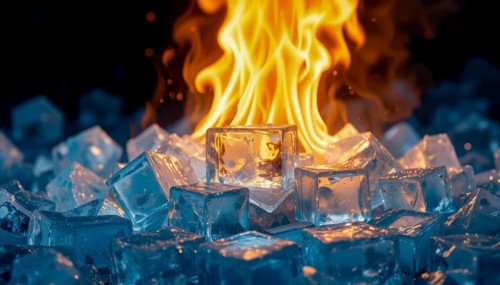 A striking visual contrast of fire and ice. Flames dance above ice cubes, creating a compelling
