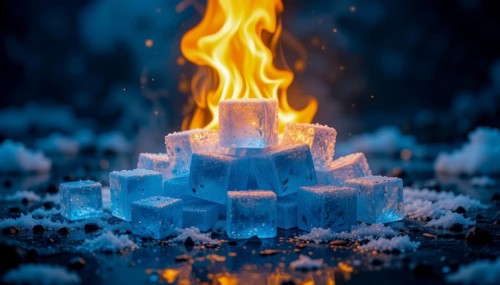 A mesmerizing juxtaposition of fire and ice. Glowing flames erupt from a pile of ice cubes,