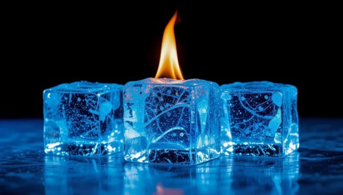 Three ice cubes glow with a blue hue, with one holding a vibrant flame that reaches upward against