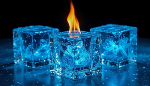 A striking image of ice cubes, one with a flame, creating a captivating contrast of fire and ice