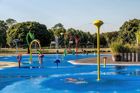 Water playground with colourful fountains, green belt, Cologne, North Rhine-Westphalia, Germany