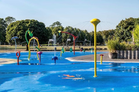 Water playground with colourful fountains, green belt, Cologne, North Rhine-Westphalia, Germany
