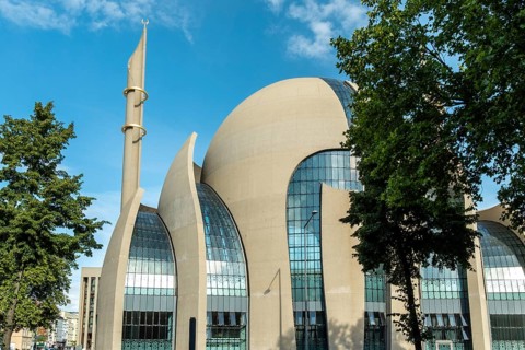 Minaret of the Cologne Mosque Close-up, Cologne, North Rhine-Westphalia, Germany