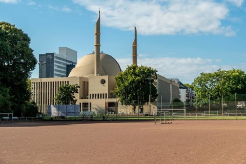 Mosque Cologne with football pitch in front, Cologne, North Rhine-Westphalia, Germany