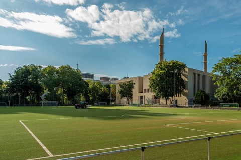 Football pitch with mosque in the background, Cologne, North Rhine-Westphalia, Germany