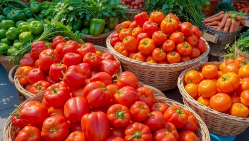 A vibrant display of fresh produce at a farmers market, showcasing colorful tomatoes, bell peppers,
