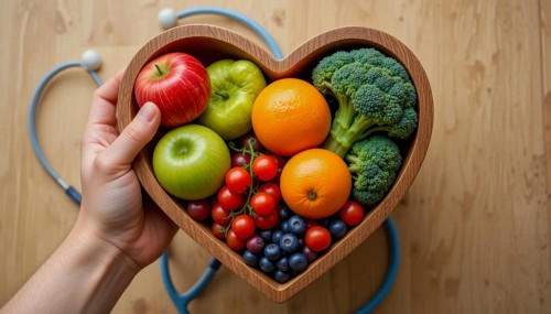 A hand holds a wooden heart-shaped bowl filled with healthy fruits and vegetables, promoting a