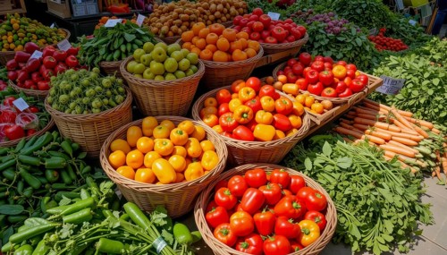 A colorful market stall overflows with fresh produce, including various types of tomatoes, peppers,