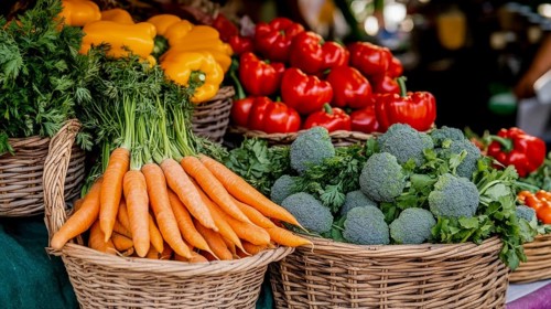 Fresh vegetables, including carrots, peppers, and broccoli, displayed in woven baskets, create a