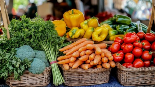 A vibrant display of fresh vegetables at a farmers market, showcasing colorful produce, AI