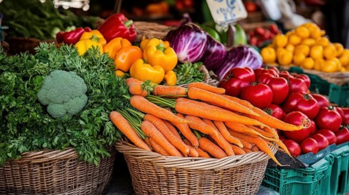 Fresh vegetables on display at a bustling farmers market, showcasing vibrant colors and healthy