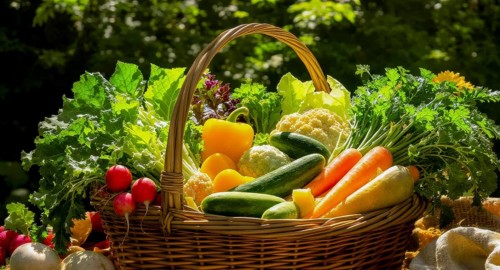 A wicker basket overflowing with an assortment of fresh, colorful vegetables, perfect for a healthy