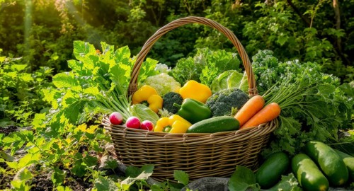 A rustic basket overflowing with fresh, colorful vegetables, showcasing the bounty of a garden on a