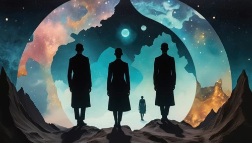 Silhouettes of people standing on a rocky surface, facing a surreal cosmic background with