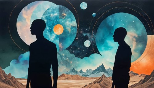 A silhouette of a person gazing toward a vibrant cosmic dreamscape, featuring celestial elements
