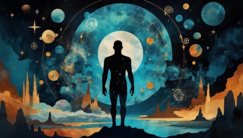 An artistic image of a silhouetted figure standing before a cosmic landscape filled with planets,