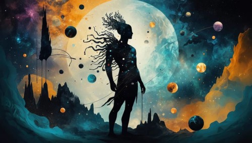 A celestial silhouette of a figure stands against a backdrop of cosmic wonder, surrounded by
