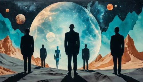 A surreal digital art piece showcasing figures standing before a cosmic landscape with planets and