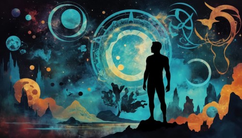 A man stands on a cliff, gazing at a cosmic landscape filled with planets, circles, and swirling