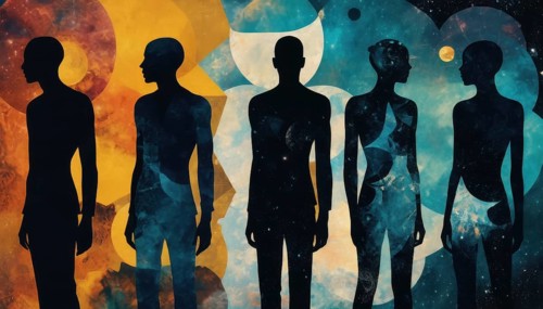 Five figures silhouetted against a backdrop of abstract celestial patterns. The artwork blends
