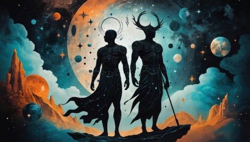 An ethereal artwork depicts two celestial figures in a cosmic landscape with planets, stars, and a