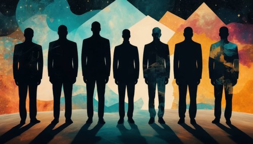 An artistic representation featuring seven individuals in silhouette against a backdrop of a