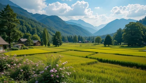 Idyllic mountain landscape featuring lush green rice fields, nestled amidst towering mountains