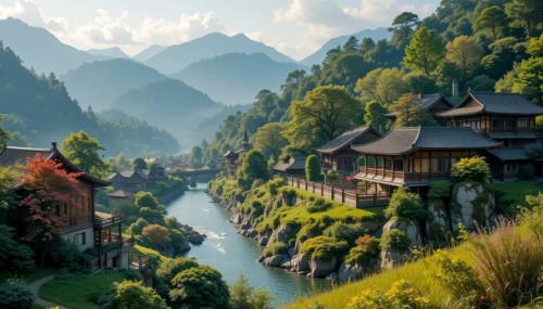 Scenic view of traditional Asian architecture nestled along a tranquil river, surrounded by lush